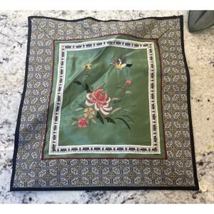 Chinese Silk Embroidered Textile flowers Bird Colorful Decor Oriental Green‎